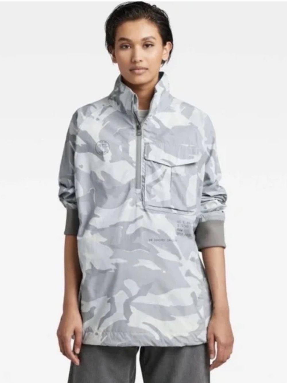 G•STAR Unisex Half Zip Overshirt Pabe Poplin Allover Grey Camo SZ WM/ MS